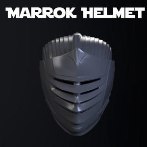 Może przedstawiać: Srebrny hełm Marrok o szczegółowym wzorze, z poziomymi szczelinami i spiczastym wierzchołkiem. Tekst "MARROK HELMET", "SLICED AND SCALED" i "STL" jest wyświetlany na biało.