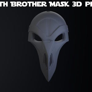 Może przedstawiać: Szary plik do druku 3D maski Eleventh Brother ze spiczastym nosem w kształcie dzioba i kanciastymi otworami na oczy. Tekst ELEVENTH BROTHER MASK 3D PRINT FILE, SLICED AND SCALED oraz STL jest widoczny na ciemnym tle tego projektu.