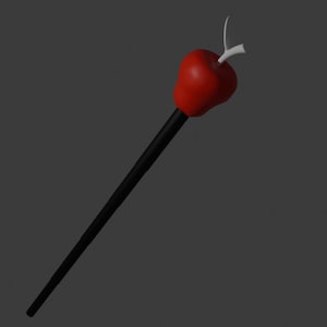 Puede incluir: Un bastón caprichoso con una manzana roja brillante en la parte superior, completa con un tallo blanco. El cuerpo del bastón es una varilla negra elegante. El diseño se establece contra un fondo gris neutro.