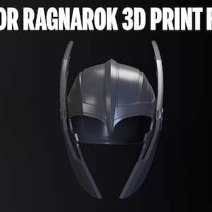 May include: A 3D render of a Thor Ragnarok helmet, in a dark gray color, with the text "Thor Ragnarok 3D Print File", "Sliced and Scaled", and "STL". The helmet has a detailed design.