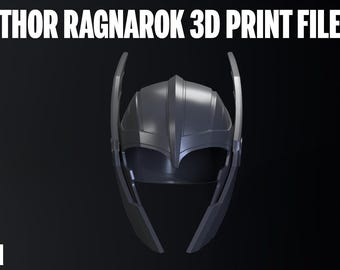 May include: A 3D render of a Thor Ragnarok helmet, in a dark gray color, with the text "Thor Ragnarok 3D Print File", "Sliced and Scaled", and "STL". The helmet has a detailed design.