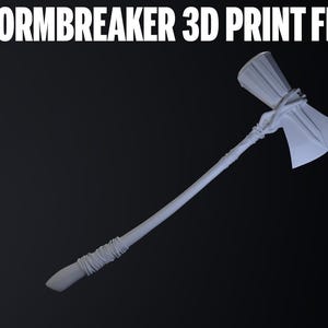 May include: A 3D print file of the Stormbreaker axe, a weapon with a long handle and a large axe head. The text "Stormbreaker 3D Print File", "Sliced and Scaled", and "STL" are displayed in white on a black background.