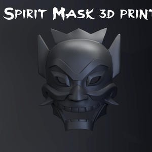 May include: A matte black 3D model of a stylized mask with sharp, angular features, pointed ears, and a wide, toothy grin. The text "BLUE SPIRIT MASK 3D PRINT FILE" appears at the top, with "SLICED AND SCALED" on the left and "STL" on the right.