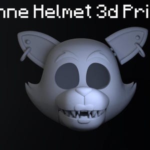 May include: A 3D-printed Roxanne Wolf helmet file, rendered in a light gray color. The helmet features large, round eye sockets, a snout with visible teeth, and large ears with attached earrings. Text on the image reads "Roxanne Helmet 3d Print File", "Sliced and Scaled", and "STL".