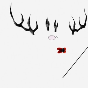May include: An assortment of whimsical costume accessories, including black antlers, small forks, a pair of round glasses, a red bow tie, and a staff with a red and black top. The items are arranged against a white background.