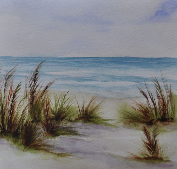 Sandy beach ocean art beach watercolor painting coastal art | Etsy