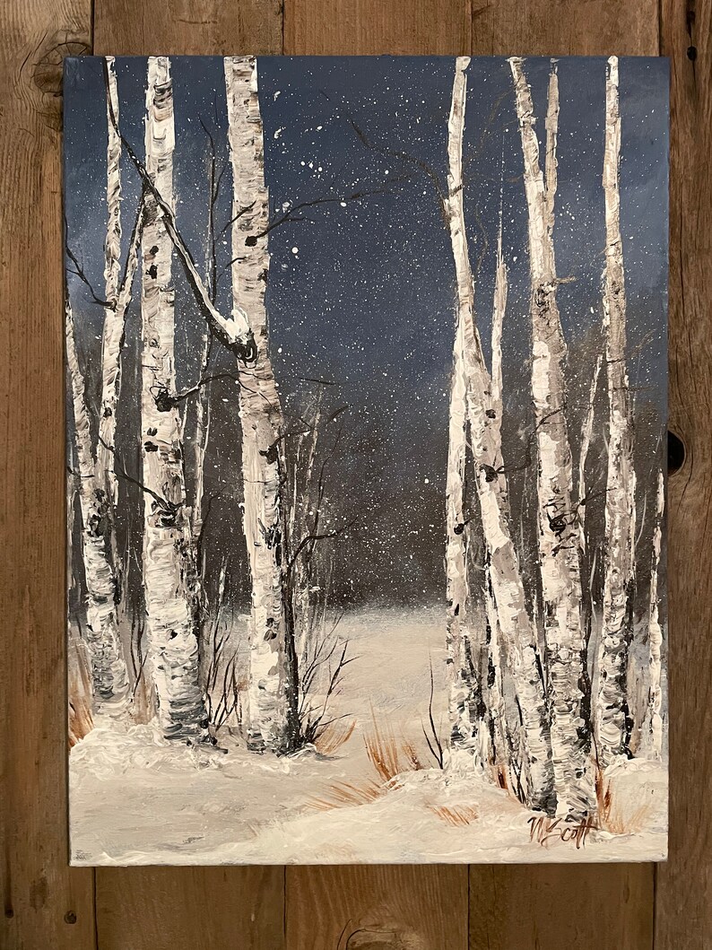 Winter Birch Trees Snow Painting Christmas Art Winter Snow Etsy
