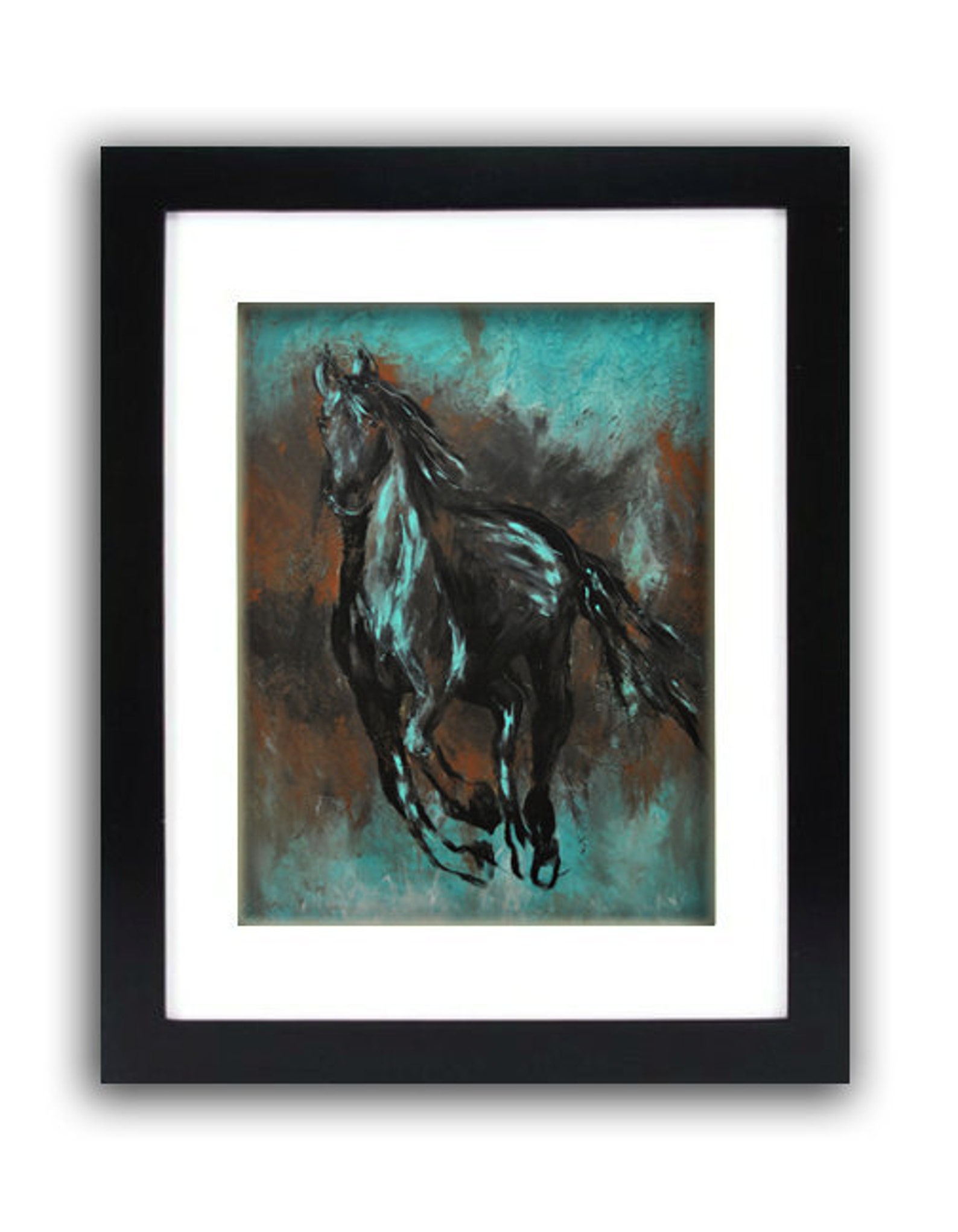 Paper Print Contemporary Black Western Horse Art in turquoise Etsy