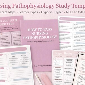Puede incluir: Una colección de plantillas de estudio de enfermería rosas y blancas, que incluyen mapas conceptuales, guías de tipos de estudiantes y notas estilo NCLEX. La imagen presenta un libro titulado "How to Pass Nursing Pathophysiology" y varias ayudas de estudio.