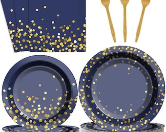 96 Pcs Blue and Gold Party Plates Napkins Tableware Set Navy Gold Dot Supplies Disposable Dinnerware Blue Birthday Party Decoration Favors