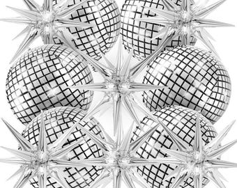 Disco Ball Balloons with Star Balloons, 22 Inch Metallic Disco Silver Foil Balloons for Disco Party Decor Birthday, New Year Christmas Party