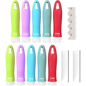 May include: A collection of colorful, ergonomic handles in green, purple, blue, teal, and red. Each handle has a white base and a measurement label. Additional white accessories are also included.