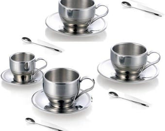 Stainless Steel Coffee Cup Coffee Mugs Espresso Cups and Great Cappuccino Cups with Spoon and Saucer Gift Idea for Coffee and Tea Lovers (4)