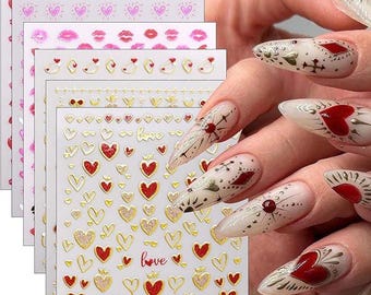Valentine’s Day Nail Stickers 6PCS 3D Love Hearts & Lips Self-Adhesive DIY Nails