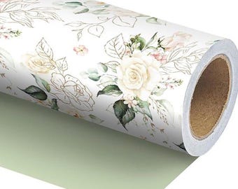 Floral Wedding Wrapping Paper Roll 17.5 Inch x 33 Ft Reversible Green Back