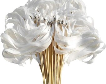 50 PCS Ribbon Wands with Triple Ribbon and Silver Bell Party Wand Party Favors Streamers Ribbon Sticks Magic Fairy Wands for Wedding Decors.