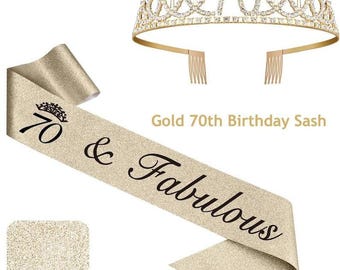 70th Birthday Decorations for Women Gold, Including 70th Birthday Sash and Tiara, 70th Birthday Cake Topper and Birthday 70 Candles