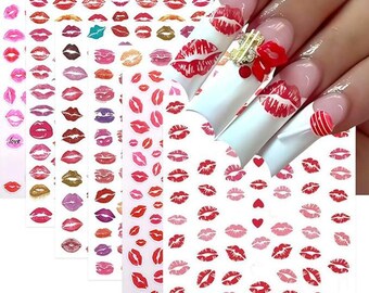 Valentine’s Day Nail Stickers 6 Sheets 3D Red & Pink Lips Heart DIY Manicure