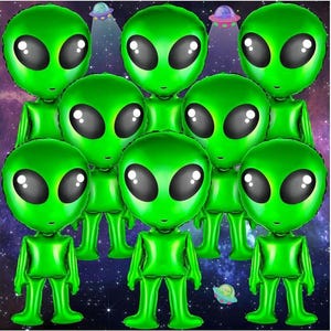 May include: A collection of green alien-shaped foil balloons with large black oval eyes. The balloons have a shiny, metallic finish and are arranged against a space-themed background with planets and flying saucers. These balloons are perfect for a space-themed party.