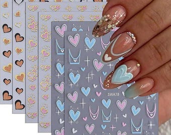Valentine’s Day Nail Stickers 6PCS 3D Glitter Hearts Blue Pink Gold DIY Nails