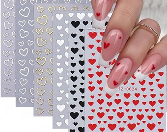 6 Sheets Valentine Nail Stickers for Valentine’s Day Red Black Gold Heart Design