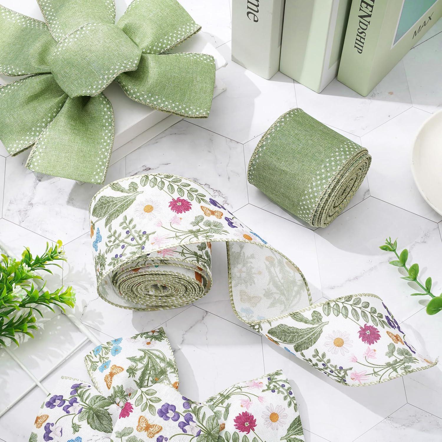 Rustic Flower Ribbon Green Wildflowers Wired Edge Ribbon Retro Wild Floral Craft Ribbon ...