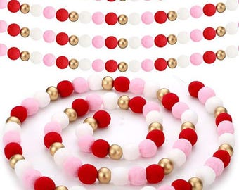 Valentine Garland Decoration & Wood Beads Red White Pink Gold 2PCS Set