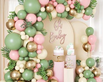 Pink and Sage Green Balloon Garland Kit: Baby Shower Party Decor