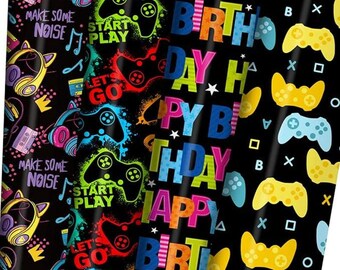 Gaming Birthday Wrapping Paper for Kids with Gamepad & Headphones, Black Design