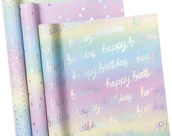 Holographic Rainbow Birthday Wrapping Paper Set with Dots & Confetti, 3 Rolls