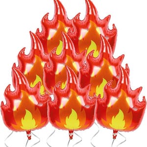 May include: A cluster of flame-shaped balloons in shades of red, orange, and yellow. The balloons are designed to resemble flames, with a bright yellow base and a gradient of orange and red. Each balloon has a silver ribbon attached.
