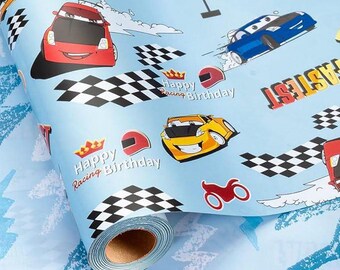Blue Birthday Wrapping Paper Roll for Boys with Race Car and Lightning Design
