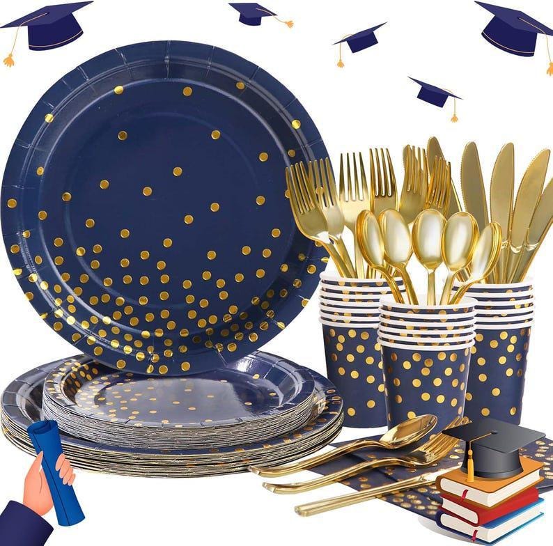 248pc Navy Blue & Gold Party Decoration, 168pcs Disposable Plates and Napkin, Blue Paper Plates Serve 24, Birthday, Father's Day, Graduation