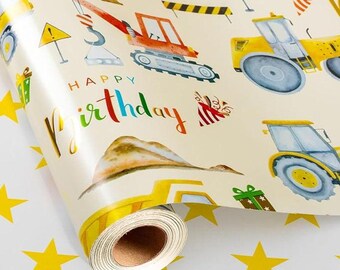 Construction Birthday Wrapping Paper Roll with Excavator, Tractor & Stars, 17"x32.8'