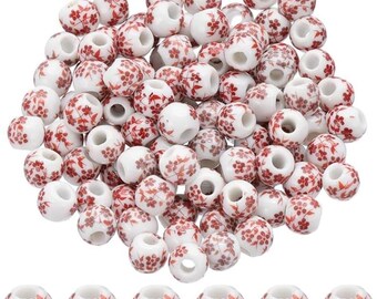 100pcs 8mm Red Porcelain Flower Beads for Jewelry Making