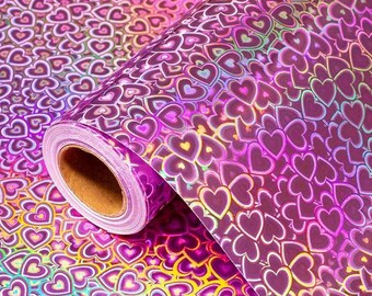 Holographic Heart Wrapping Paper Roll with Pink Rainbow Metallic Design, 17"x33'