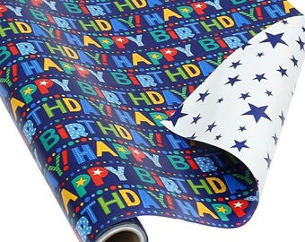 Reversible Birthday Wrapping Paper Roll, Colorful Letters & Stars 17.7×33 ft