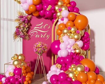 203 Pink Orange Balloon Garland Arch Kit Hot Pink Orange Metallic Gold Latex Balloons for Tropical Engagement Birthday Party Decorations