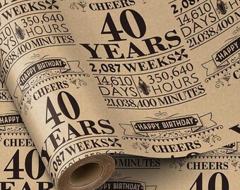 Black 40th Birthday Wrapping Paper Roll with Letter Print, 17"x16.4'