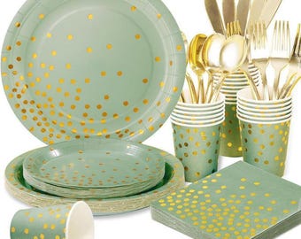 175 Pcs Sage Green Plates and Napkins Party Supplies - Sage Green Paper Plates Serve 25 Guests - Sage Green and Gold Disposable Plates Sets