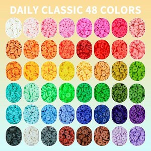 May include: An image showcasing 48 different colors of small, flat, round polymer clay beads. The beads are arranged in rows and columns, each color displayed in a circular arrangement. The text "DAILY CLASSIC 48 COLORS" is at the top.