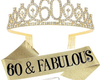 60th Birthday Sash and Tiara, Gold Tiara, 60th Birthday Gifts for Women, 60th Birthday Decorations for Women, Happy 60th Birthday Decor