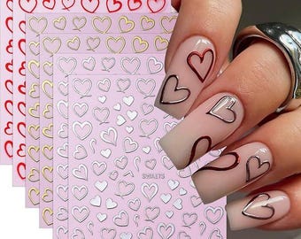 6PCS Valentine Nail Stickers for Valentine’s Day Red Gold Silver Heart Design