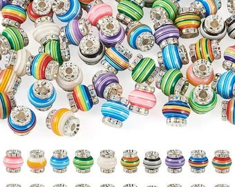 60 Pcs Rainbow Stripe European Beads with Rhinestone, Brass Spacer Beads for Jewelry Making