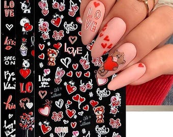 3 Sheets 5D Valentine Nail Stickers for Valentine’s Day Bear Heart DIY Design