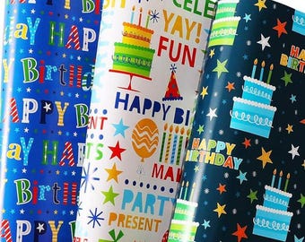 Birthday Wrapping Paper for Kids & Adults with Cakes, 6 Large Sheets, 27"x37"