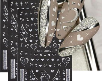 6PCS Valentine Nail Stickers for Valentine’s Day Black White Heart French Design