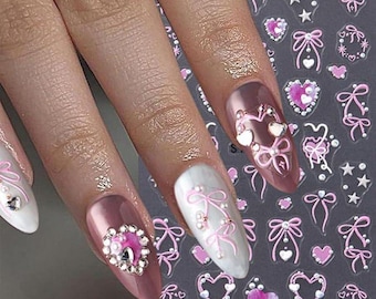 2 Sheets Valentine Nail Stickers for Valentine’s Day Pink Heart Bow Design