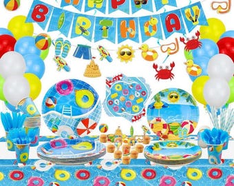 Beach Ball Birthday Party Supplies - Pool Party Decorations Set Includes HAPPY BIRTHDAY Banner, Hanging Swirl, Balloons