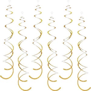 May include: Six gold and silver spiral hanging decorations. Each decoration has a clear loop at the top for hanging. The spirals are made of a shiny gold material with a silver metallic center. These are ideal for parties and celebrations.